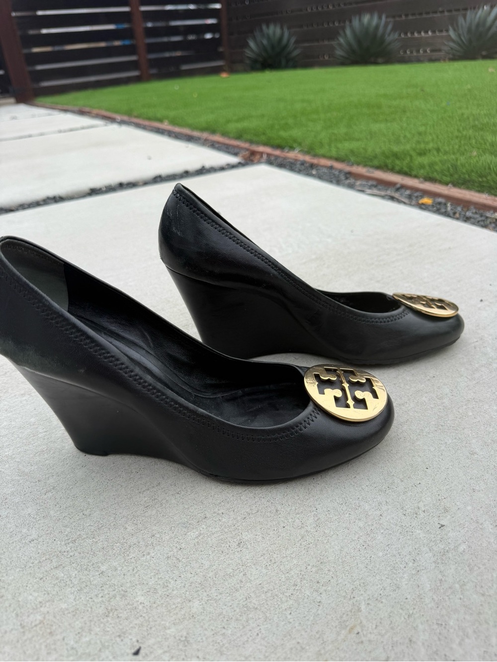 Tory Burch black leather gold logo wedges
